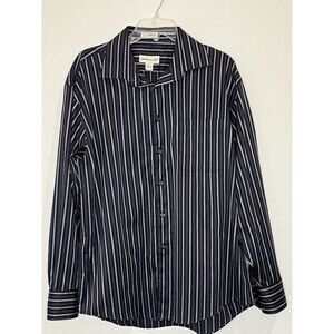 Pronto Uomo Non-Iron Men's Dress Shirt Navy Stripe 100% Cotton Long Sleeve L